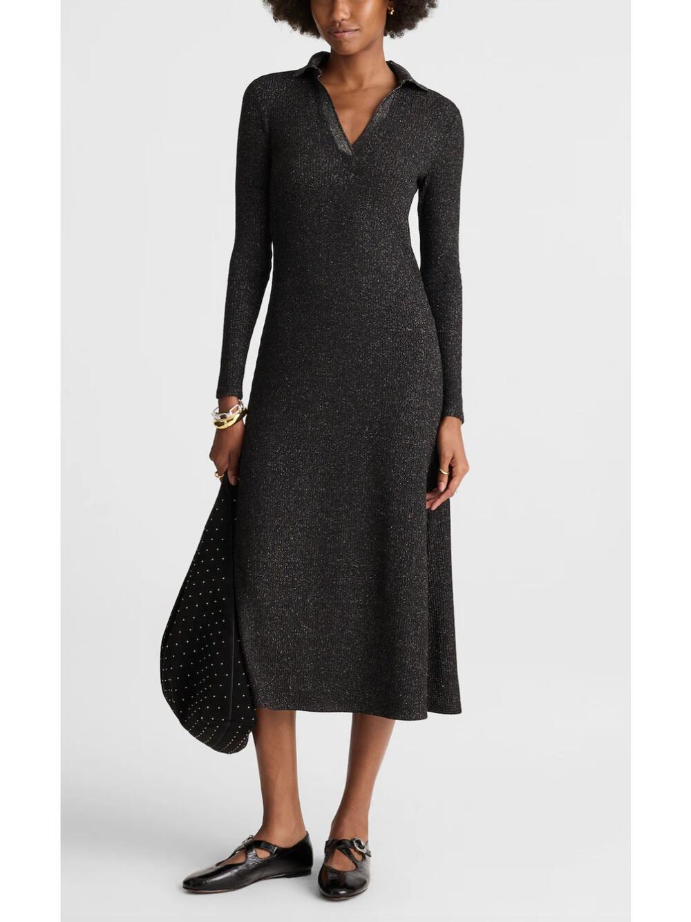 Madewell | NWT Ribbed Y Neck Polo Maxi Dress in Lurex Black | Sz XS